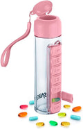 Synergy Water Bottle & Pill Organizer - Travel Storage Container for Water, Juice, Vitamins - Portable 7-Day Pillbox - for Outdoor, Gym, Travel - Easy Carry Strap - BPA Free Plastic - 400ml (Pink)