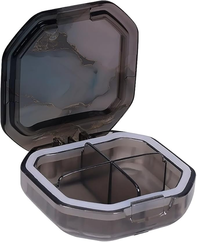 This Portable Abstract Marble Pattern 4 Compartment Pill Box Can Be Placed in A Pocket Or Wallet to Store Vitamins, Medicines Health Supplements Other Medications.
