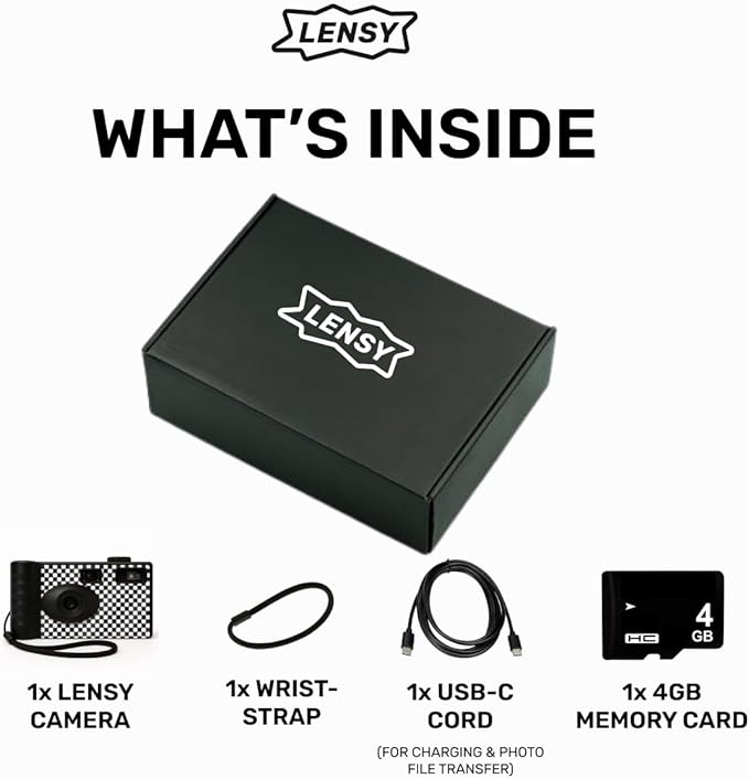 LENSY Screen Free Digital Camera | Four Built in Filters | Rechargeable, 8mp, Lightweight, Focus-Free, Auto-Flash, Easy-to-Use, Reusable, Retro Film-Style Photos (Checker Pattern)