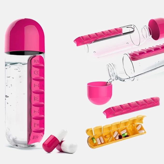 2-in-1 Water Bottle and Pill Organizer, 600ml Capacity, 7 Compartments outdoor capsule cup medicine box dispenser (Rose)
