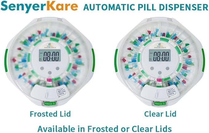 28-Day Automatic Pill Dispenser with Sound & Light Alerts for Elderly, up to 6 Alarms/Day, 6 Dosage Templates, Locked Frosted Lid Medication Dispenser for Protecting Pills Privacy