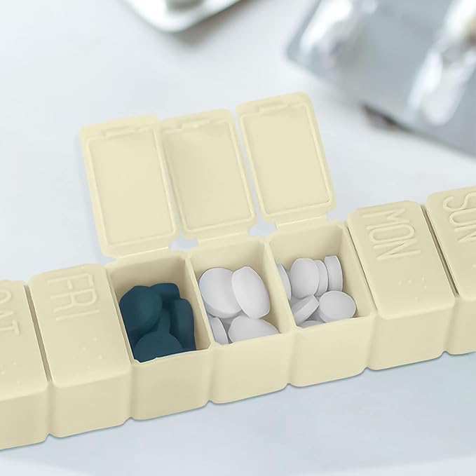 Weekly Small Pill Organizer, 7 Day Pill Case, Daily Vitamin Case Medicine Box, Pill Containers for Medicine Supplements Fish Oil(2Pcs,Beige)