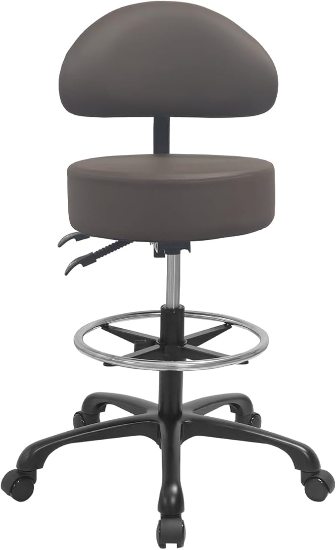 Swivel Rolling Stool Round Chair,Thick Sturdy Padding,Adjustable Stool with Wheels for Doctor,Medical,Massage Salon,Office,Shop(with New Back, Brown)