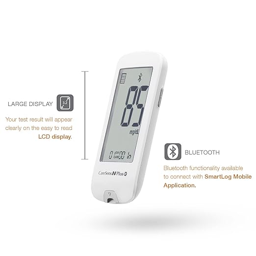 CareSens N Plus Bluetooth Blood Glucose Monitor Kit with 100 Blood Sugar Test Strips, 100 Lancets, 1 Blood Glucose Meter, 1 Lancing Device, Travel Case for Diabetes Testing Kit (Auto-Coding Glucometer kit with 1 Control Solution) for Personal Use