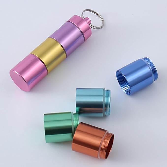 Pill Box Organiser, Portable Weekly Pill Box, 7 Day 1 Times a Day Compartments Tablet Organiser Box, Rainbow Metal Pill Holder Waterproof Pill Case with Keychain for Outdoor Travel Camping Work