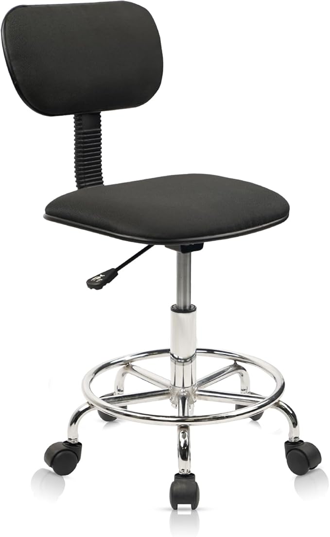 Low Wide Rolling Swivel Stool with Backrest, Adjustable Height Salon Chair Stools with Footrest for Spa Tattoo Office Desk Massage Task Lash Barber Facial, Black 1PK