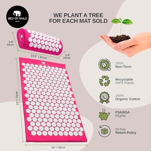 Bed of Nails Mat and Pillow Set – Original Bon Acupressure Design with 10962 Precision Nails, Mat: 28.5 x 16.5 x 1", Pillow: 14.5 x 6 x 4", Pink