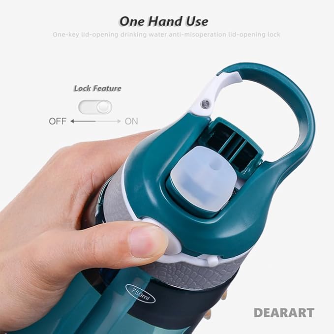 DEARART 2-Pack 24oz Dark Cyan & Black Water Bottles With Straw, Leakproof BPA FREE Hidden Nozzle, Flip Up Lid Has Handle Wide Bottle Easy Clear, Suit Office Outdoor Sports Travel Gym.