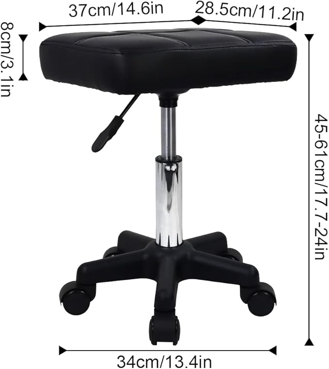 FURWOO Rectangle Rolling Stool with Wheels Height Adjustable Swivel Stool Chair for Spa Salon Massage Black