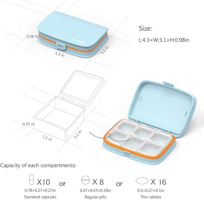 Slim Pill Case - Portable Pill Organizer with Removable Compartments - Leakproof Pill Holder for Daily Medication