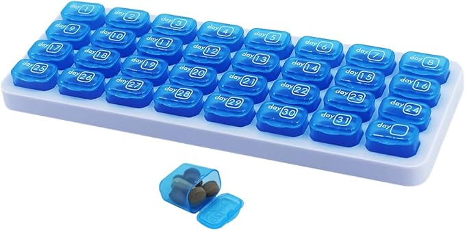 Monthly Pill Organizer, Large Travel Pill Box 31 Day, Daily Pill Case, Pill Holder Container for Vitamin, Medicine, Supplement, Fish Oil, Blue