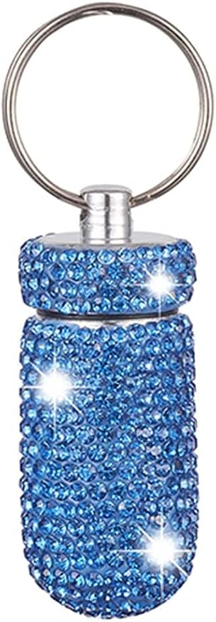 Pill Holder Keychain, Medicine Holder Pill Container Keychain Mini Size Waterproof and Light Weight Portable Pill Bottle Case, Bling Aluminum Key Chain for Outdoor Camping Traveling (Light Blue)