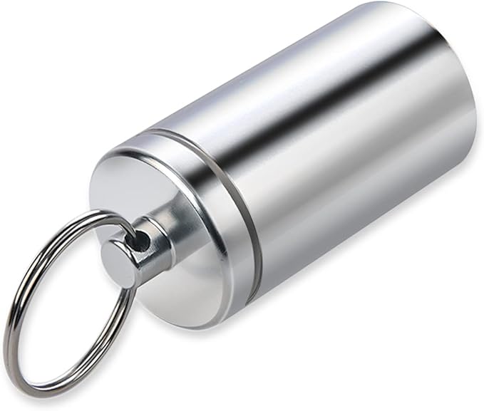 Portable Pill Holder Keychain,Aluminium Alloy Waterproof Pill Boxes Container for Purse Pocket,Small Daily Pill Case for Outdoor Travel Camping-Silver