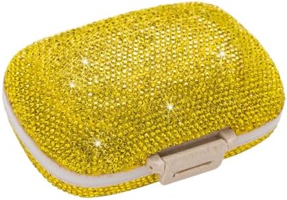 Daily 6 Compartments Pill Box Container Bling Diamond for Purse Medicine Container Holder for Women Travel Kit Medicine (Yellow)