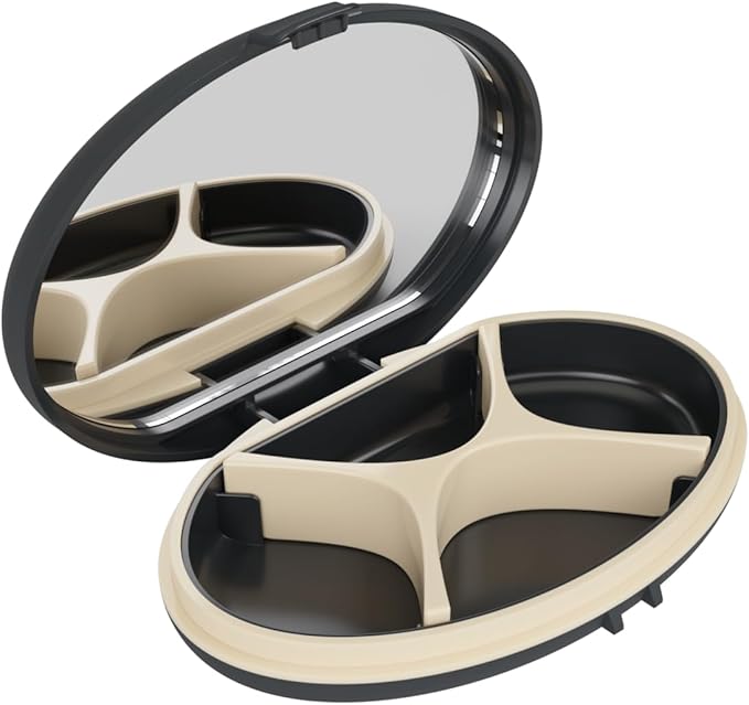 EQUADOSE Oval Compact Pill Case, Portable Organizer with Mirror, Travel Medication Holder with Removable Divider, Small Storage Case for Pills, Vitamins, Earbuds, Jewelry & Daily Essentials, Black