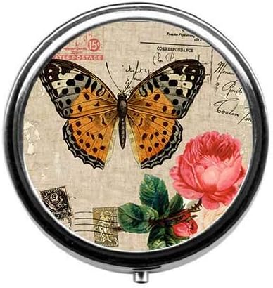 Vintage Butterfly Stamp Pattern Cute Pill Box/Pill case-Round Pill Box/case- Three-Compartment Pill Box/Pill case