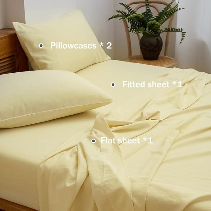 Simple&Opulence Belgian Linen Sheet Set Solid Color - 4 Pieces (1 Flat Sheet, 1 Fitted Sheet & 2 Pillowcases) Natural Flax Cotton Blend Soft Breathable Farmhouse Bedding - King Size, Pale Yellow