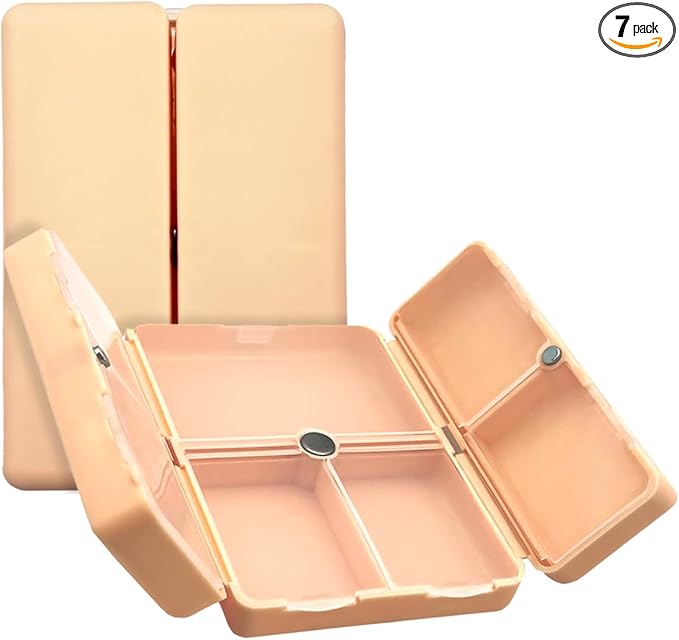 EZY DOSE Bi-Foldable Magnetic Pill Case, Medicine Planner, Vitamin Organizer Box, Snap-Shut for Security, Durable and Easy to Use, 7 Individual Compartments with Various Sizes, Travel-Friendly, Peach