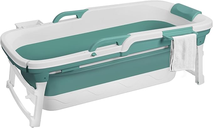 51" Portable Bathtub for Adult,Foldable Tub with Handle,Ergonomic Headrest,Soaking Tub,No Lid,Large Collapsible Bathtub for Shower Ice Bath,Hot Bath,Home Sauna, Sweat Steaming (Blue, 130 cm)