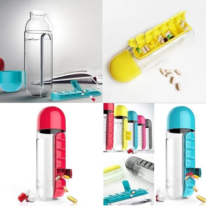 2-in-1 Water Bottle and Pill Organizer, 600ml Capacity, 7 Compartments outdoor capsule cup medicine box dispenser (Blue)