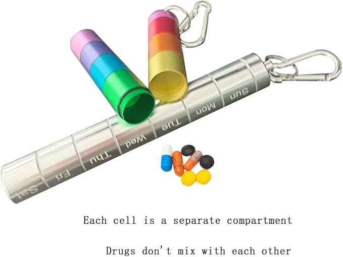 7 Days Rainbow Colour Aluminum Cantainer with Carabiner ，Stackable Metal Container，Waterproof Travel Cute Box Holder (1 Rainbow Container and 1 Silver Container