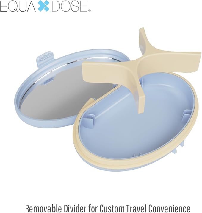EQUADOSE Oval Compact Pill Case, Portable Organizer with Mirror, Travel Medication Holder with Removable Divider, Small Storage Case for Pills, Vitamins, Earbuds, Jewelry & Daily Essentials, Blue
