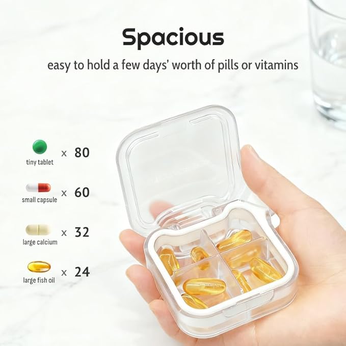Small Stylish Pill Case, Compact Vitamin Box, Portable Travel Pill Dispenser, 4 Compartments Medications & Supplements Organizer (White)