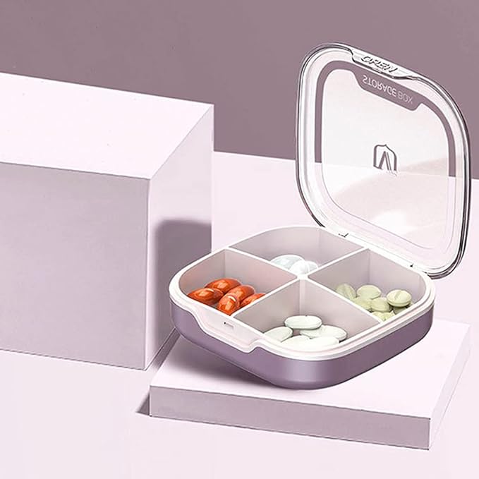 Pill Organizer for Purse, Square Pill Case Pill Box Travel with 4 Compartment, 4 Colors Portable Cute Daily Pill Box Pill Holder Small, Pill Container for Purse, Pill Case Small, Vitamin Organizer
