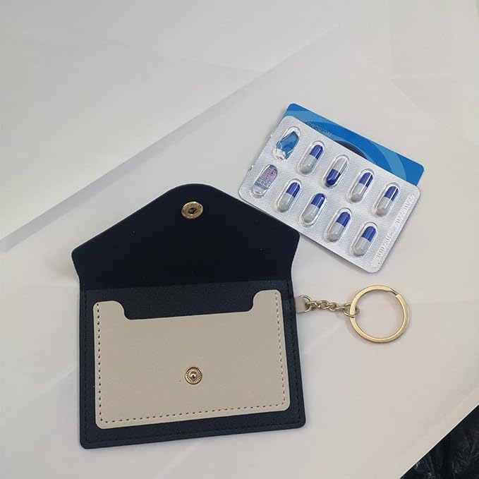 Birth Control Pill Case/Wallet PU Leather Medicine Holder Keychain Envelope Purse(Black)