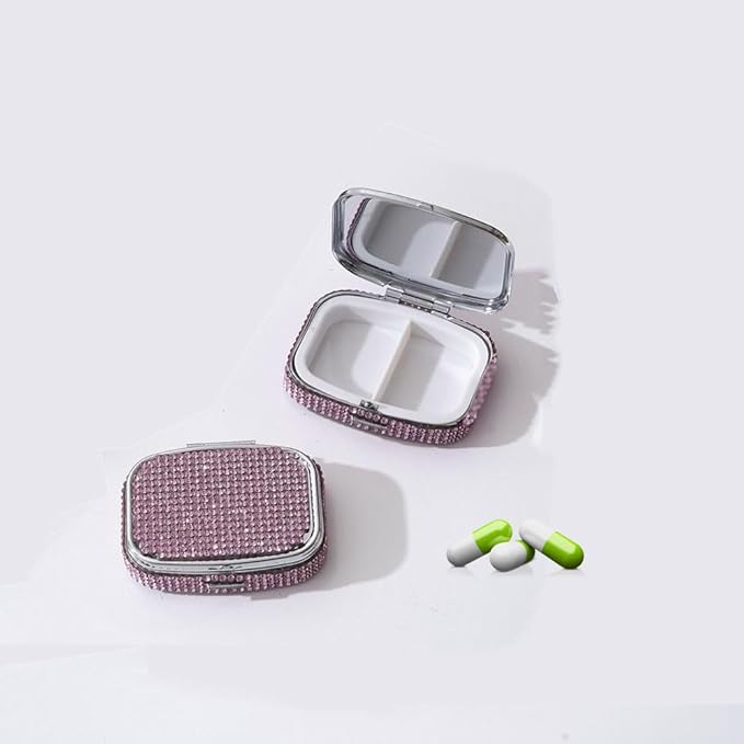 2PCS Pill Case Organizer,Rhinestone Pill Holder Portable Travel Pill Box,Pocket Pill Case Medicine Organizer,Small Pill Holder Case