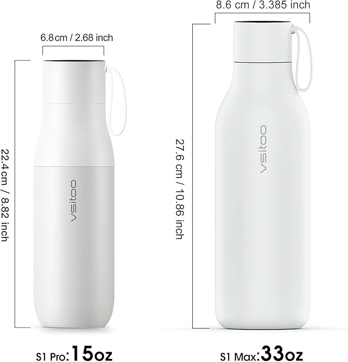 VSITOO 15oz Mini Smart Water Bottle，Self-Cleaning Insulated Bottle, Small Thermoses with AI, App & Touchscreen, Perfect Purse Water Bottle for Travel, Gym & Office, White