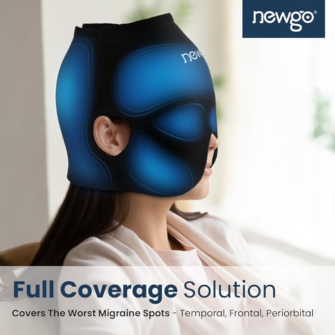 NEWGO Migraine Headache Relief Cap, Soft Head Ice Pack Wrap Migraine Gel Ice Cap with Full Coverage and Ear Outcuts for Tension Headaches