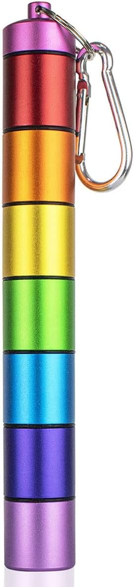 Weekly 7 Day Pill Organizer Travel Friendly Vitamin Organizer Pill Case Container Waterproof Pill Case with Keychain for Pills/Vitamin/Fish Oil/Supplements Metal Pill Holder Me (Rainbow)
