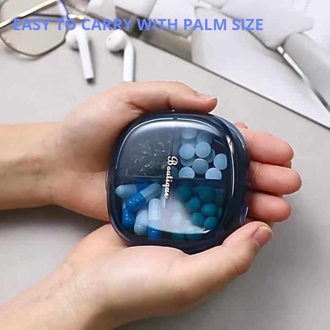 KOIALMA Portable Pills Organizer Box with 4 Compartments - Small Sized Medicine Storage Case with Sealed Compact Compartments. (Clean-Blue)