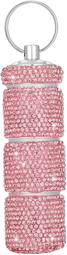 Rhinestone Mini Pills Organizer with Keychain, Portable 3 Compartment Small Travel Pill Holder, Waterproof Medicien Case Dispenser Bottle, Crystal Pocket Pill Box (Pink)