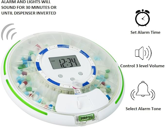 Automatic Pill Dispenser，Lock 28-Day Medication Organizer, Up to 6 Doses Per Day, 6 Dosage Templates, Sound & Light Alerts & Key for Vitamins, Supplements (Frosted Lid)