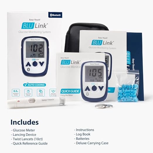 BluLink Bluetooth Blood Glucose Monitoring System by EasyTouch – Sync Results to Your Phone, Fast & Accurate Testing, Includes Meter, Lancing Device & 10 Lancets (Test Strips Sold Separately)