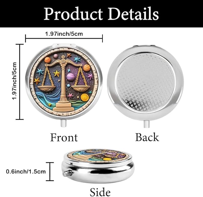Portable Round 3 Compartment Metal Pill Box Fair Libra Zodiac Print for Kitchen Office Coffee Cafe Use