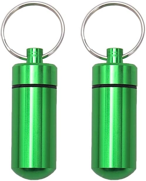 AKOAK 2 Pcs Colorful Round Aluminum Alloy Pill Bottle, Emergency Jar, Waterproof Outdoor Travel Portable Pill Bottle Key Chain (Green)