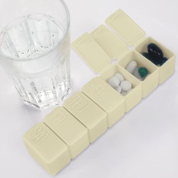 Weekly Small Pill Organizer, 7 Day Pill Case, Daily Vitamin Case Medicine Box, Pill Containers for Medicine Supplements Fish Oil(2Pcs,Beige)