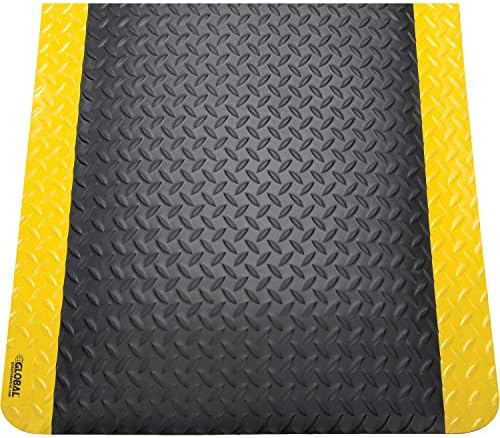 Global Industrial 36" W x 60" L Diamond Plate Ergonomic Anti Fatigue Mat with Beveled Edges, Vinyl Surface & PVC Foam Backing, 9/16" Thick, Black/Yellow Border