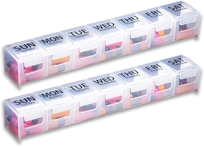 GMS Weekly Pill Organizer - 7-Day Labeled Compartment Pill Case for Supplements, Vitamins and Medication - Secure Latches - Ideal for Daily Use & Travel - Clear - 2 Pack