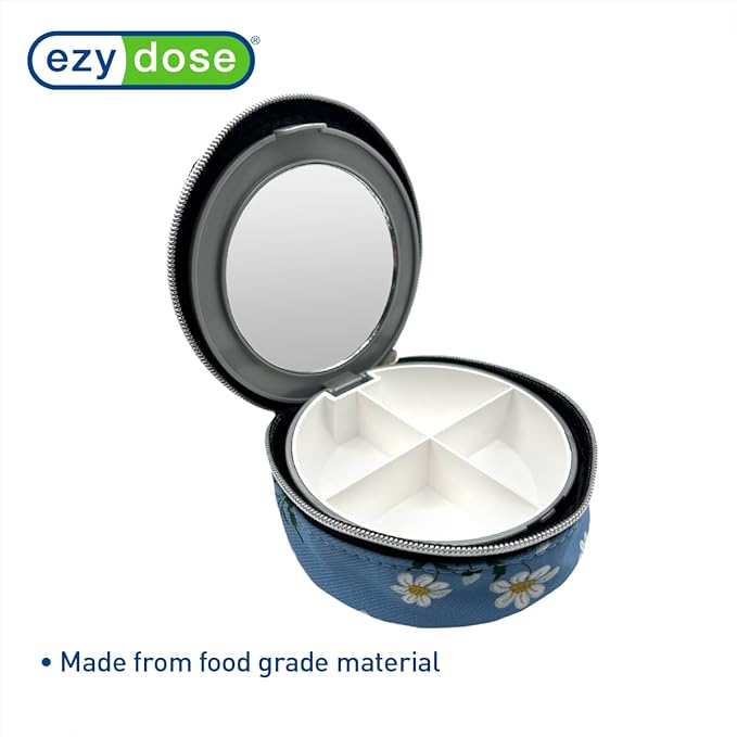 EZY DOSE Travel Pill Organizer with Built-in Mirror, Features Zippered Daisy Case, Compact and Portable Medication Case for Daily Vitamins, Pills, and Medicine, Ideal for Travel and On-The-Go Use