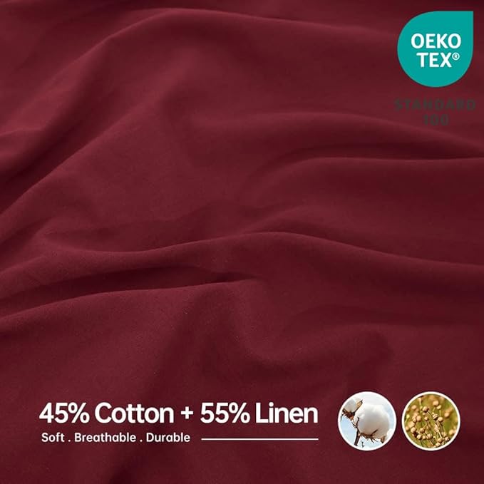 Simple&Opulence Belgian Linen Sheet Set Solid Color - 4 Pieces (1 Flat Sheet, 1 Fitted Sheet & 2 Pillowcases) Natural Flax Cotton Blend Soft Breathable Farmhouse Bedding - Full Size, Burgundy Red
