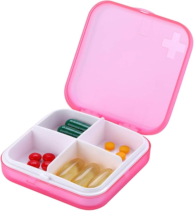 Portable Pill Organizer - Slim Pill Box for Purse or Travel, Compact Pill Case (4 Compartment, Pink)
