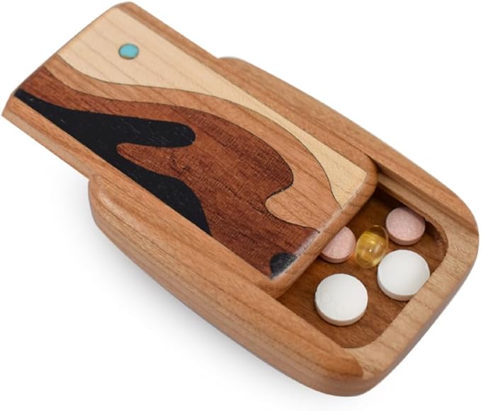Modern Artisans American Made Pocket-Sized Pill Box (Thin Size) - Cherry Wood with Inlaid Wave Design