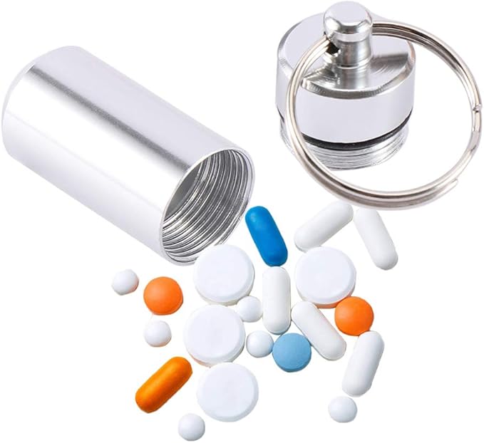 AKOAK 2 Pcs Colorful Round Aluminum Alloy Pill Bottle, Emergency Jar, Waterproof Outdoor Travel Portable Pill Bottle Key Chain (Silver)