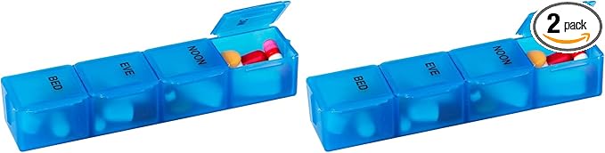 Acu-Life Daily Pill Organizer, Vitamin Case, and Medicine Box, 4 Times a Day, Blue, Made in the USA (Pack of 2)