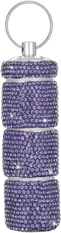 Rhinestone Mini Pills Organizer with Keychain, Portable 3 Compartment Small Travel Pill Holder, Waterproof Medicien Case Dispenser Bottle, Crystal Pocket Pill Box (Purple)