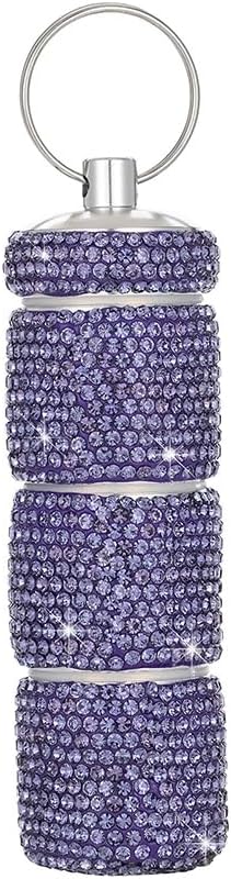 Rhinestone Mini Pills Organizer with Keychain, Portable 3 Compartment Small Travel Pill Holder, Waterproof Medicien Case Dispenser Bottle, Crystal Pocket Pill Box (Purple)